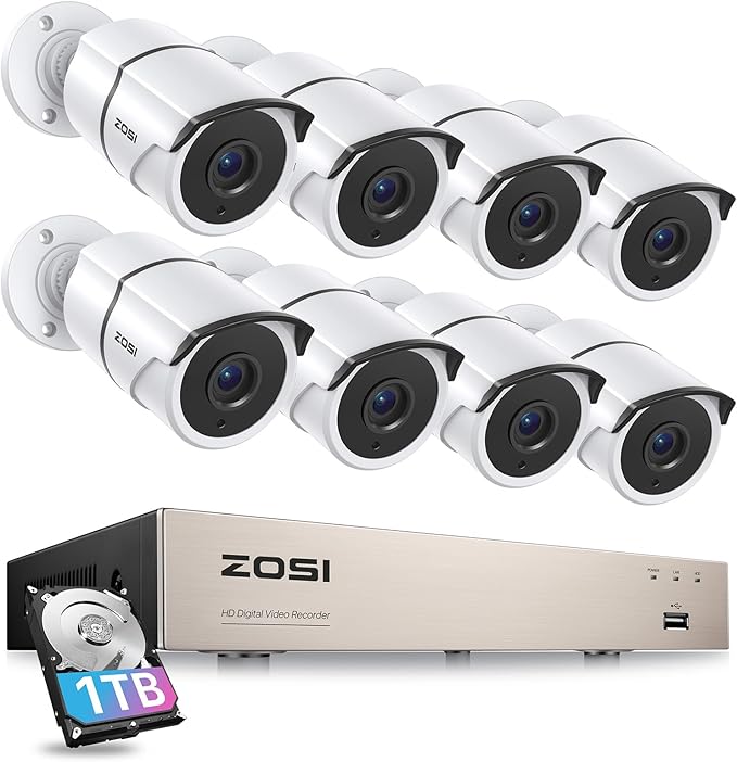 ZOSI 3K Lite Home Security Camera System with Audio,AI Human/Vehicle Detection,Night Vision,8 Channel H.265+ CCTV DVR with 1TB HDD,8pcs 1920TVL Indoor Outdoor Surveillance Cameras,for 24/7 Recording ZOSI