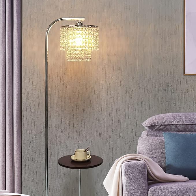 Hsyile Arc Crystal Floor Lamp for Living Room - Marble Base Modern Tall Stand Up Light with Table,Contemporary Over The Couch Chrome Lamp Standing Lamps for Bedroom Office Living Room - LeafyLoom