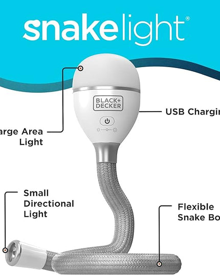 BLACK+DECKER Snake Light, Use for Book Light, Desk Light, and Work Light, 2 Settings, Flexible and Rechargeable (BDCFSL01) - LeafyLoom