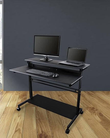 Stand Up Desk Store Rolling Adjustable Height Two Tier Standing Desk Computer Workstation (Black Frame/Black Top, 48" Wide) - LeafyLoom