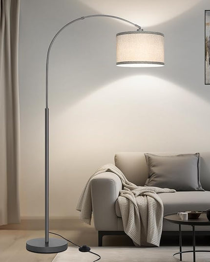 Arc Floor Lamp, Modern Floor Lamp for Living Room with Adjustable Lamp Head, Tall Pole Lamp with Gray Lampsahde and On/Off Pedal Switch, Over Couch Reading Light for Bedroom, Office, Study Room - LeafyLoom