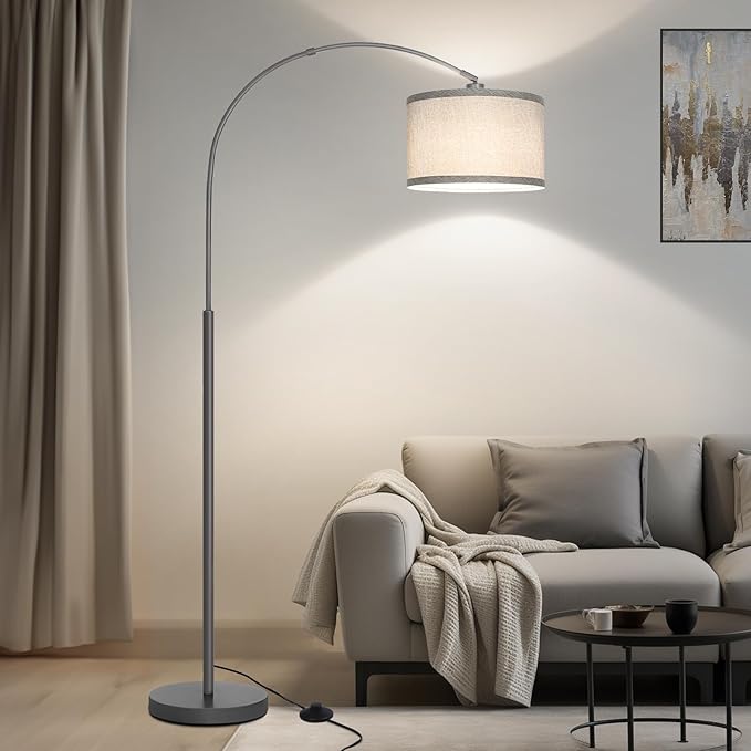 Arc Floor Lamp, Modern Floor Lamp for Living Room with Adjustable Lamp Head, Tall Pole Lamp with Gray Lampsahde and On/Off Pedal Switch, Over Couch Reading Light for Bedroom, Office, Study Room - LeafyLoom