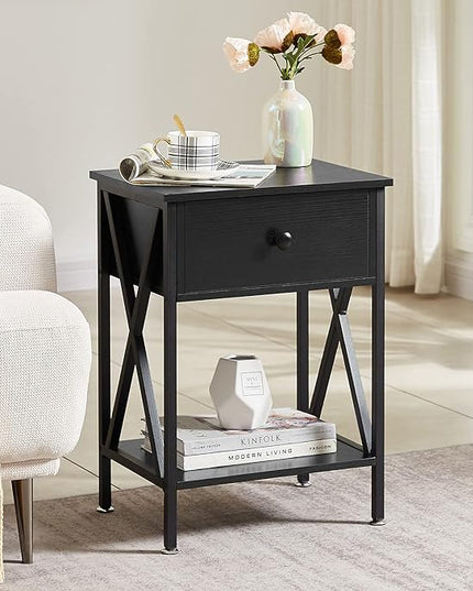 VECELO Night Stands for Bedroom Rustic Bedside End Tables with Drawer Storage, Nightstand (Set of 2), Black(Set of 2) - LeafyLoom