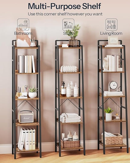 HOOBRO Bookcase, 5-Tier Narrow Bookshelf, Industrial Ladder Shelf, Skinny Bookshelf for Small Spaces, Corner Storage Shelf for Home Office, Living Room, Rustic Brown and Black BF35SJ01 - LeafyLoom