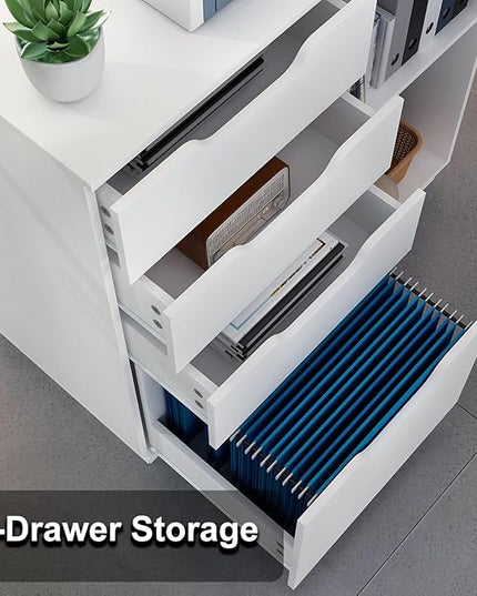 4 Drawers Lateral File Cabinets, Wood Filing Cabinet, Printer Stand with Open Storage Shelves for Home Office, 6 Compartments, White - LeafyLoom