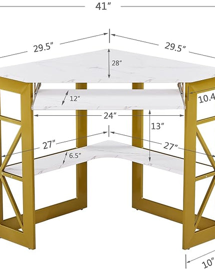 VECELO Corner Computer Desk Writing Smooth Keyboard Tray & Storage Shelves,Compact Home Office Triangle Table, Gold & White - LeafyLoom