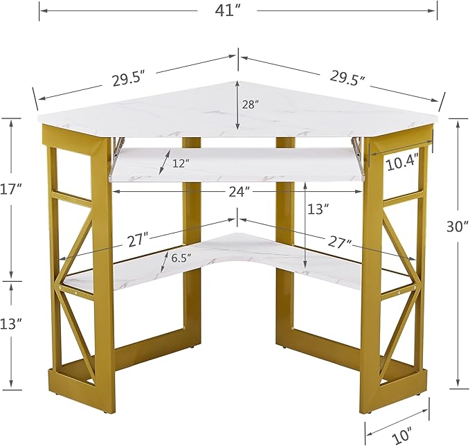 VECELO Corner Computer Desk Writing Smooth Keyboard Tray & Storage Shelves,Compact Home Office Triangle Table, Gold & White - LeafyLoom