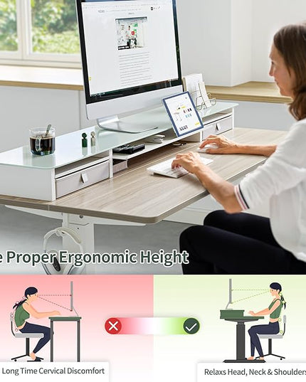 FEZIBO 48 x 24 Inch Height Adjustable Glass Electric Standing Desk with Double Drawer, Stand Up Desk with Storage Shelf, Sit Stand Desk, Light Walnut - LeafyLoom