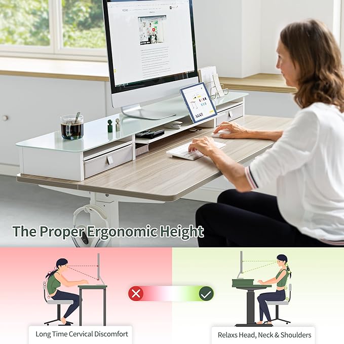 FEZIBO 48 x 24 Inch Height Adjustable Glass Electric Standing Desk with Double Drawer, Stand Up Desk with Storage Shelf, Sit Stand Desk, Light Walnut - LeafyLoom