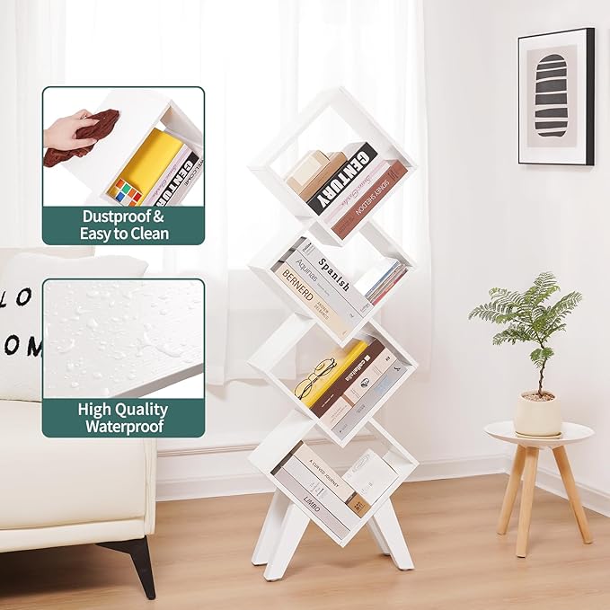 Yoobure White Bookshelf, Wood Small Bookcase 4-Tier Book Shelf, Tall Bookcases Book Organizer, Modern Bookshelves Floor Standing for CDs/Books in Small Spaces, Living Room, Home Office, Bedroom - LeafyLoom