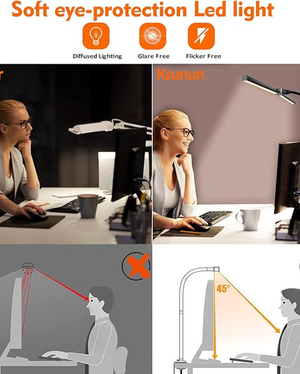 Double Head LED Desk Lamp, Architect Desk Lamps for Home Office, 24W Brightest Workbench Office Lighting-5 Color Modes and 5 Dimmable Eye Protection Modern Desk Lamp for Monitor Reading - LeafyLoom
