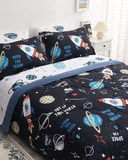 Wajade Kids Space Comforter Set Bed in A Bag Queen Size 7 Piece 3D Space Rocket Planets Bedding Set for Teens Boys Girls (1 Comforter, 1 Flat Sheet, 1 Fitted Sheet, 2 Pillowcase and 2 Pillow Sham) - LeafyLoom