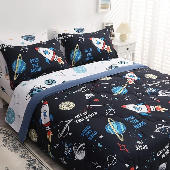 Wajade Kids Space Comforter Set Bed in A Bag Twin Size 7 Piece 3D Space Rocket Planets Bedding Set for Teens Boys Girls (1 Comforter, 1 Flat Sheet, 1 Fitted Sheet, 2 Pillowcase and 2 Pillow Sham) - LeafyLoom