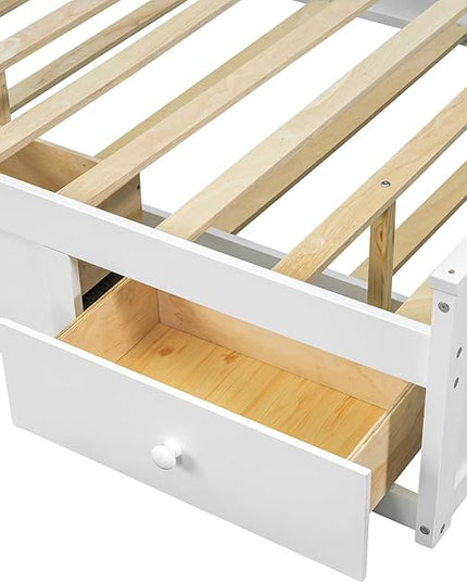Full Size Wood Pltaform Trundle and 3 Drawers/Upper Shelves,Multifunctional Storage Bed Frame,W/a Set of USB Ports & Sockets,for Apartment,Bedroom,Living Room,White - LeafyLoom