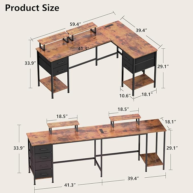 L Shaped Computer Desk with Power Outlets, 59 inch Reversible Home Office Desk with Storage Shelves & 2 Monitor Stands, Gaming Desk with 4 Fabric Drawers for Bedroom, Rustic Brown - LeafyLoom