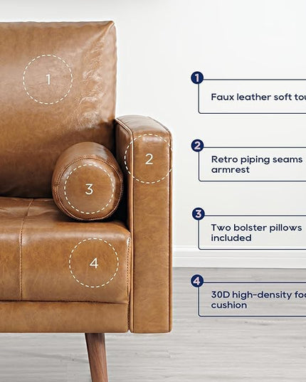 Vonanda 56" Loveseat Small Couch, Mid-Century 2 Seater Sofa Faux Leather Couch with Hand-Stitched Comfort Cushion and Bolster Pillows for Living Room, Loveseat Cognac Tan - LeafyLoom