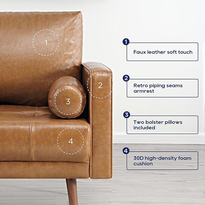 Vonanda 56" Loveseat Small Couch, Mid-Century 2 Seater Sofa Faux Leather Couch with Hand-Stitched Comfort Cushion and Bolster Pillows for Living Room, Loveseat Cognac Tan - LeafyLoom
