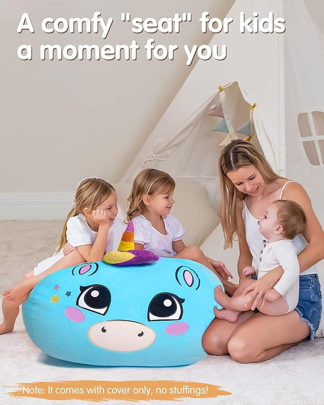 Aubliss Unicorn Stuffed Animal Storage, Velvet Bean Bag Chairs Cover, X-Large 38" Ultra Soft Kids Toy Storage Organizer for Blankets Towels Clothes Home Supplies, Blue Big Eyes - LeafyLoom