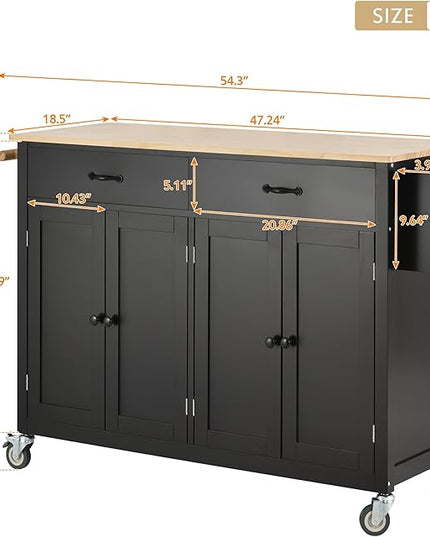Kitchen Island with Storage, Rolling Table on Wheels w/ 4 Door Cabinet and 2 Drawers,Spice Rack, Towel Rack for Dinning Room - LeafyLoom