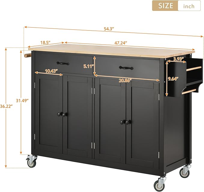 Kitchen Island with Storage, Rolling Table on Wheels w/ 4 Door Cabinet and 2 Drawers,Spice Rack, Towel Rack for Dinning Room - LeafyLoom