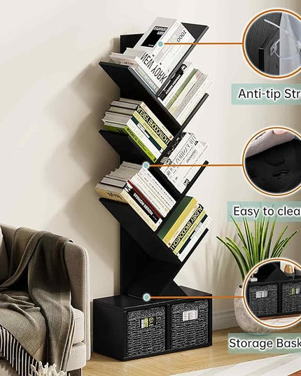 Vagusicc 6 Tier Tree Bookshelf - Modern Shelf Floor Standing Bookcase with Baskets, Tall Wood Book Storage Rack for Books/CDs, Tree Utility Book Organizer Shelves for Living Room, Home Office, Bedroom - LeafyLoom