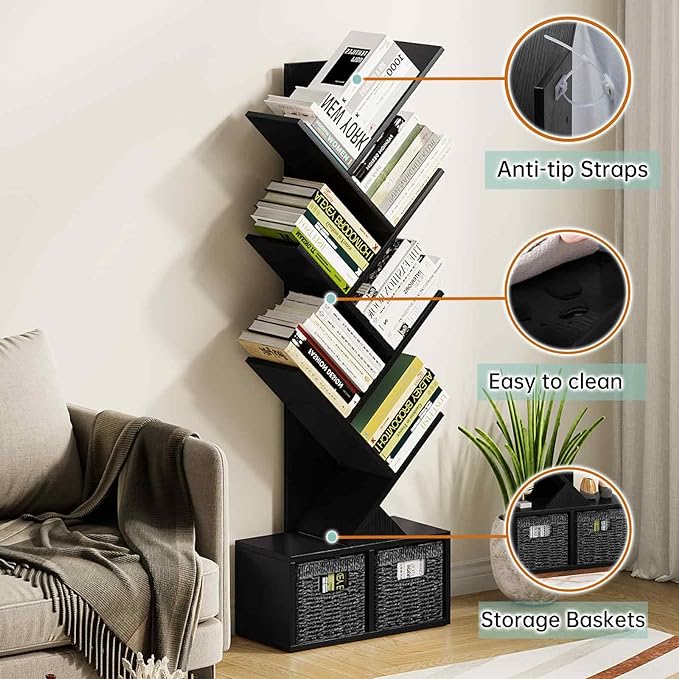 Vagusicc 6 Tier Tree Bookshelf - Modern Shelf Floor Standing Bookcase with Baskets, Tall Wood Book Storage Rack for Books/CDs, Tree Utility Book Organizer Shelves for Living Room, Home Office, Bedroom - LeafyLoom