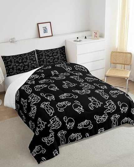 Feelyou Cartoon Cat Bed Sheet Set Cute Pet Cats Kids Comforter Set Animal Pattern Printed Bedding Set Set for Boys Room Decor Kitten Print Bed Cover Twin Size with 2 Pillow Case - LeafyLoom
