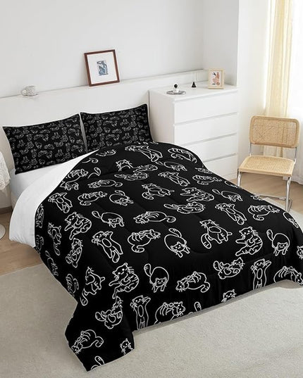Feelyou Cartoon Cat Bed Sheet Set Cute Pet Cats Kids Comforter Set Animal Pattern Printed Bedding Set Set for Boys Room Decor Kitten Print Bed Cover Queen Size with 3 Pillow Case - LeafyLoom