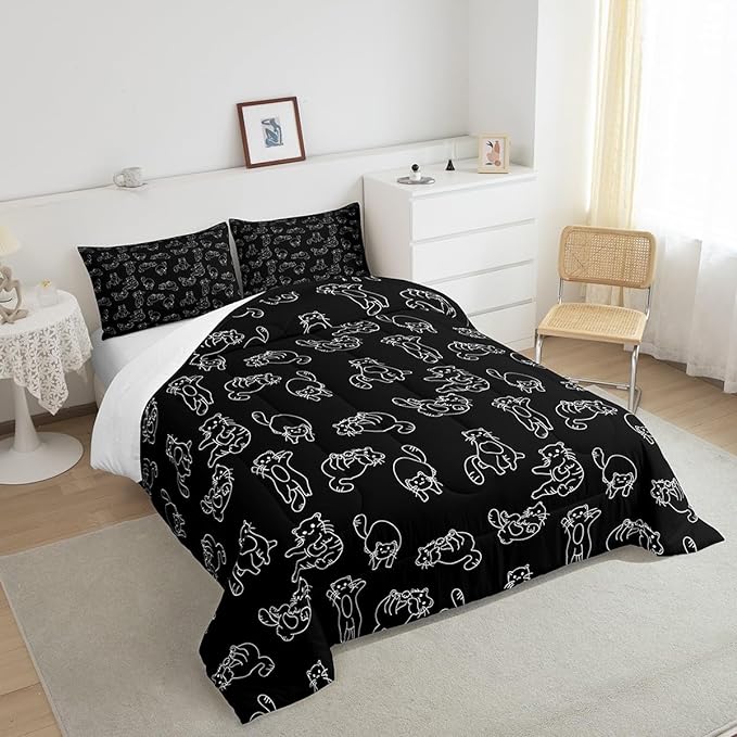 Feelyou Cartoon Cat Bed Sheet Set Cute Pet Cats Kids Comforter Set Animal Pattern Printed Bedding Set Set for Boys Room Decor Kitten Print Bed Cover Queen Size with 3 Pillow Case - LeafyLoom