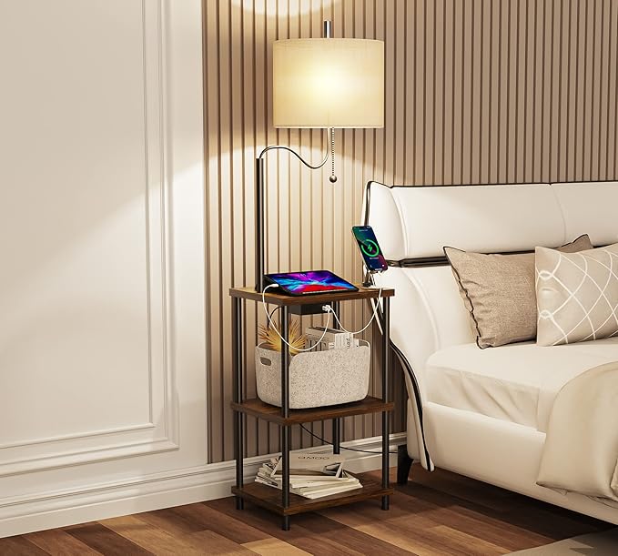 Set of 2 Floor Lamp with Table, End Table with USB Charging Port Type-C, Power Outlet, Bedside Nightstand Shelves, Side Table with Reading Standing Light for Living Room Bedroom(Brown) - LeafyLoom