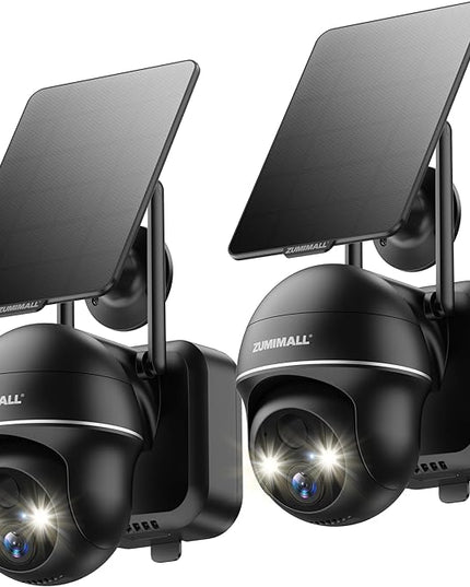 ZUMIMALL Security Cameras Wireless Outdoor - 2 Packs, 360°View Outdoor Camera Wireless Solar Powered,2.4G WiFi, Spotlight/Siren//3MP Color Night Vision/AI Detection/IP66/Cloud/Alert, Work with Alexa ZUMIMALL