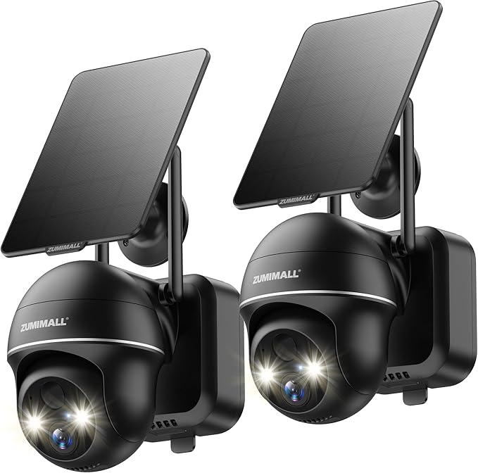 ZUMIMALL Security Cameras Wireless Outdoor - 2 Packs, 360°View Outdoor Camera Wireless Solar Powered,2.4G WiFi, Spotlight/Siren//3MP Color Night Vision/AI Detection/IP66/Cloud/Alert, Work with Alexa ZUMIMALL