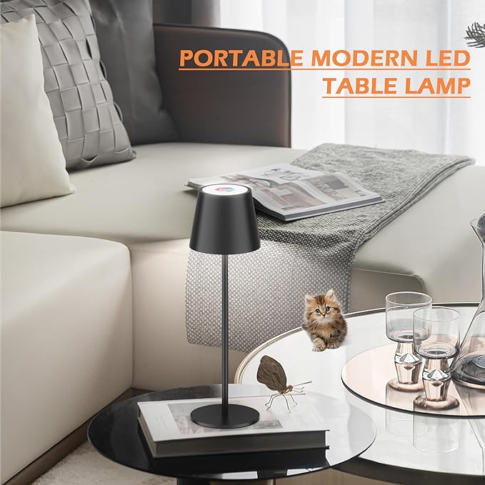 Aipsun Cordless Table Lamp RGB 2 Pack 5000mAh 3W Battery Operated Lamp Portable LED Black Rechargeable Table Lamp 3000K Stepless Dimming Touch Lamp for Home/Outdoor Waterproof - LeafyLoom