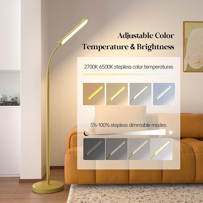 LED Floor Lamp, 18W Super Bright Floor Lamp for Living Room, Adjustable Stepless Colors & Brightness Gooseneck Standing Lamp, Eye Caring Reading Light with Remote& Touch Control for Bedroom Office - LeafyLoom