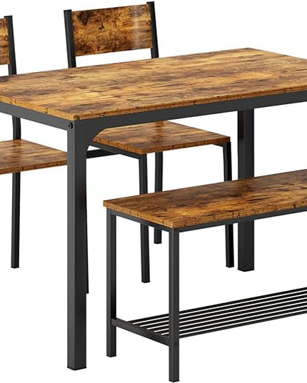 SogesHome 4-Piece Dining Table Set for 4 - Space-Saving Kitchen Set with Bench and Chairs, Ideal for Restaurants and Coffee Shops, Vintage Brown - LeafyLoom