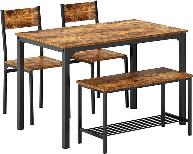 SogesHome 4-Piece Dining Table Set for 4 - Space-Saving Kitchen Set with Bench and Chairs, Ideal for Restaurants and Coffee Shops, Vintage Brown - LeafyLoom