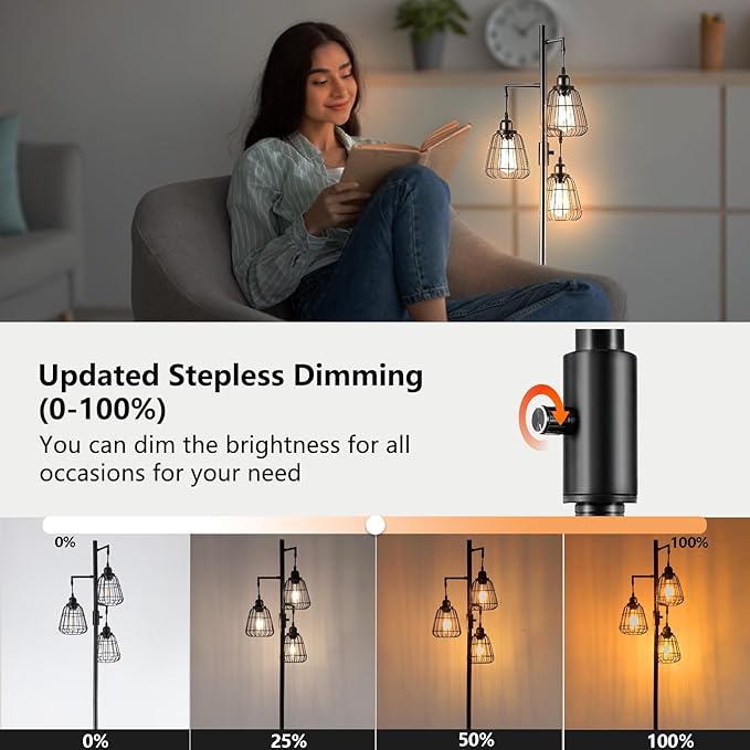 9MMML 68” Living Room Floor Lamp, Industrial Farmhouse 3 Teardrop Cage Standing Lamp,Black Tall Floor Lamp for Bedroom Office, 3 LED Edison Bulbs Included - LeafyLoom