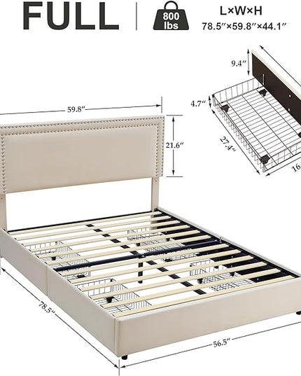 VECELO Full Size Upholstered Platform Bed Frame with 4 Storage Drawers, Adjustable Velvet Rivets Headboard, Wooden Slats Support, No Box Spring Needed, Easy Assembly - LeafyLoom