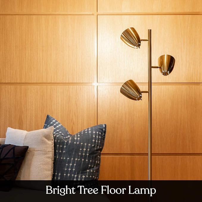 Brightech Jacob LED Standing Lamp, Modern Bright Floor Lamps for Living Rooms & Bedrooms, Tall LED Lighting Lamp with Adjustable 3 Light Tree – Antique Brass/Gold - LeafyLoom