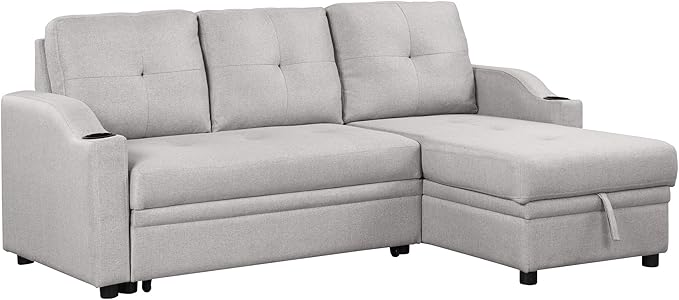 80.3'' L-Shape Convertible Sleeper Sectional Sofa with Storage Chaise and Pull-Out Bed, Linen Upholstered Reversible Corner Couch w/Tufted Cushions &Cup Holder, for Living Room, Apartment - LeafyLoom