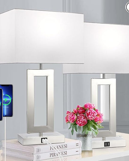 22'' Lamps for Bedrooms Set of 2, Touch Control Table Lamps with 2 USB Ports, 3-Way Dimmable Bedside Nightstand Lamps, Brushed Nickel &White Lamp for End Table Living Room Modern Contemporary - LeafyLoom