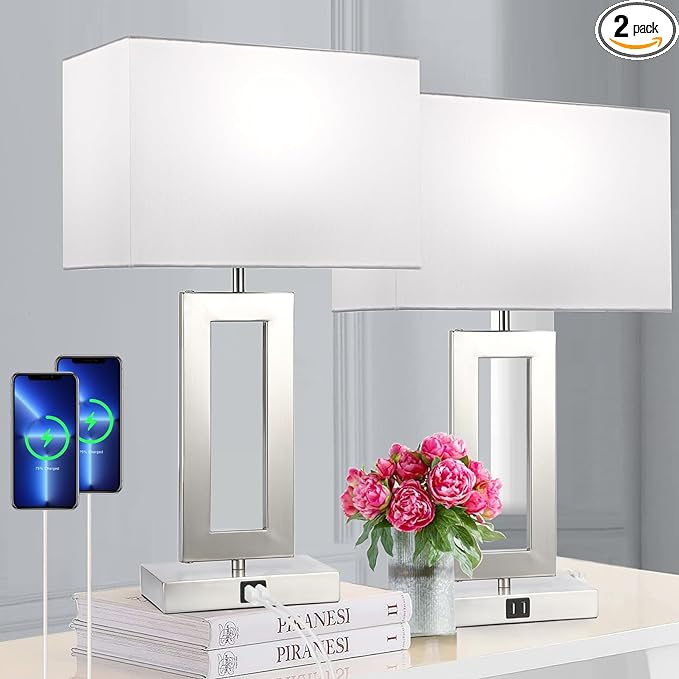 22'' Lamps for Bedrooms Set of 2, Touch Control Table Lamps with 2 USB Ports, 3-Way Dimmable Bedside Nightstand Lamps, Brushed Nickel &White Lamp for End Table Living Room Modern Contemporary - LeafyLoom