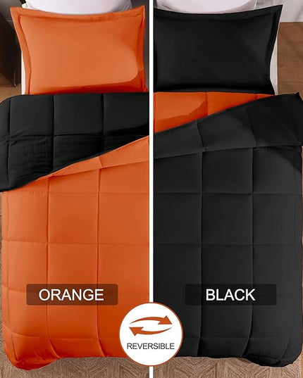 Basic Beyond Queen Comforter Set - Fluffy Comforter Queen Set for All Seasons - Reversible Orange Comforter Set Queen for Mens - 3 Pieces (1 Comforter + 2 Pillow Shams) - Orange/Black - LeafyLoom