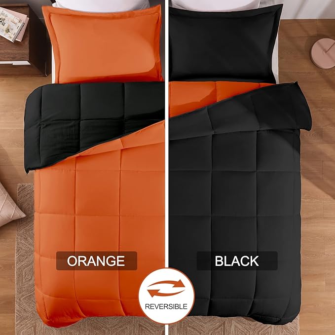 Basic Beyond King Size Comforter Set - Fluffy King Bed Comforter Set for All Seasons - Reversible Bedding King Size Comforter Set - 3 Pieces (1 Comforter + 2 Pillow Shams) - Orange/Black - LeafyLoom