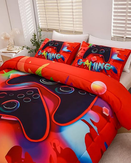 Aimuan Gaming Comforter Sets for Boys Kids Bedding Sets Video Games Console Action Buttons Novelty Colorful Game Gamepad Controller Modern Gamer Room Decor Home Quilt Set (Twin, Red) - LeafyLoom