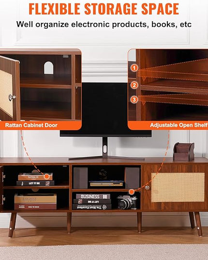 VEVOR Rattan TV Stand, Mid Century Modern TV Stand for 65 inch TV, Boho Rattan TV Cabinet with Build-in Socket and USB Ports, Adjustable Shelfs for Living Room, Media Room, Walnut - LeafyLoom