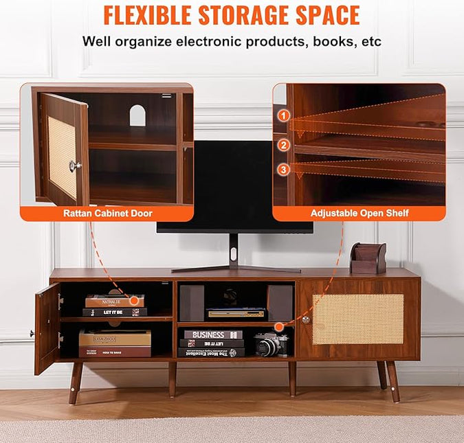 VEVOR Rattan TV Stand, Mid Century Modern TV Stand for 65 inch TV, Boho Rattan TV Cabinet with Build-in Socket and USB Ports, Adjustable Shelfs for Living Room, Media Room, Walnut - LeafyLoom