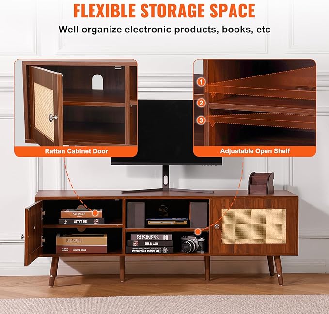 VEVOR Rattan TV Stand, Mid Century Modern TV Stand for 65 inch TV, Boho Rattan TV Cabinet with Build-in Socket and USB Ports, Adjustable Shelfs for Living Room, Media Room, Walnut - LeafyLoom