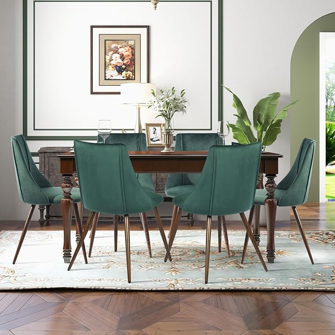 FurnitureR Dining Chairs Set of 2, Mid Century Side Chairs Large & Super Soft Velvet Seat Back Metal Legs for Kitchen, Dining Room, Bedroom, Living Room, Green - LeafyLoom