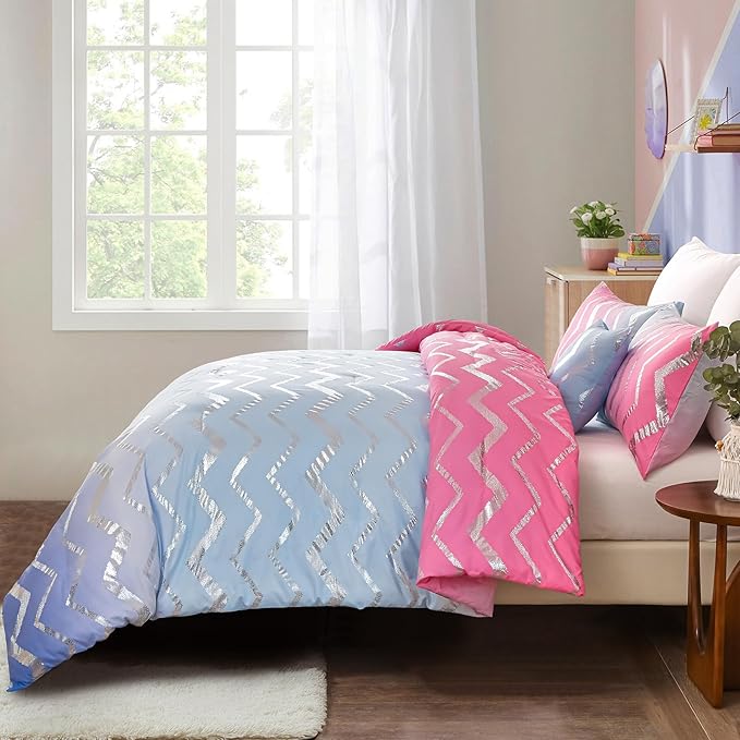 Girls Comforter Set Twin Size Ombre Pink Purple Bedding Rainbow Comforter for Kids Teen Women,3 Pieces (1 Comforter,1 Pillowcase,1 Decorative Pillow Sham) - LeafyLoom